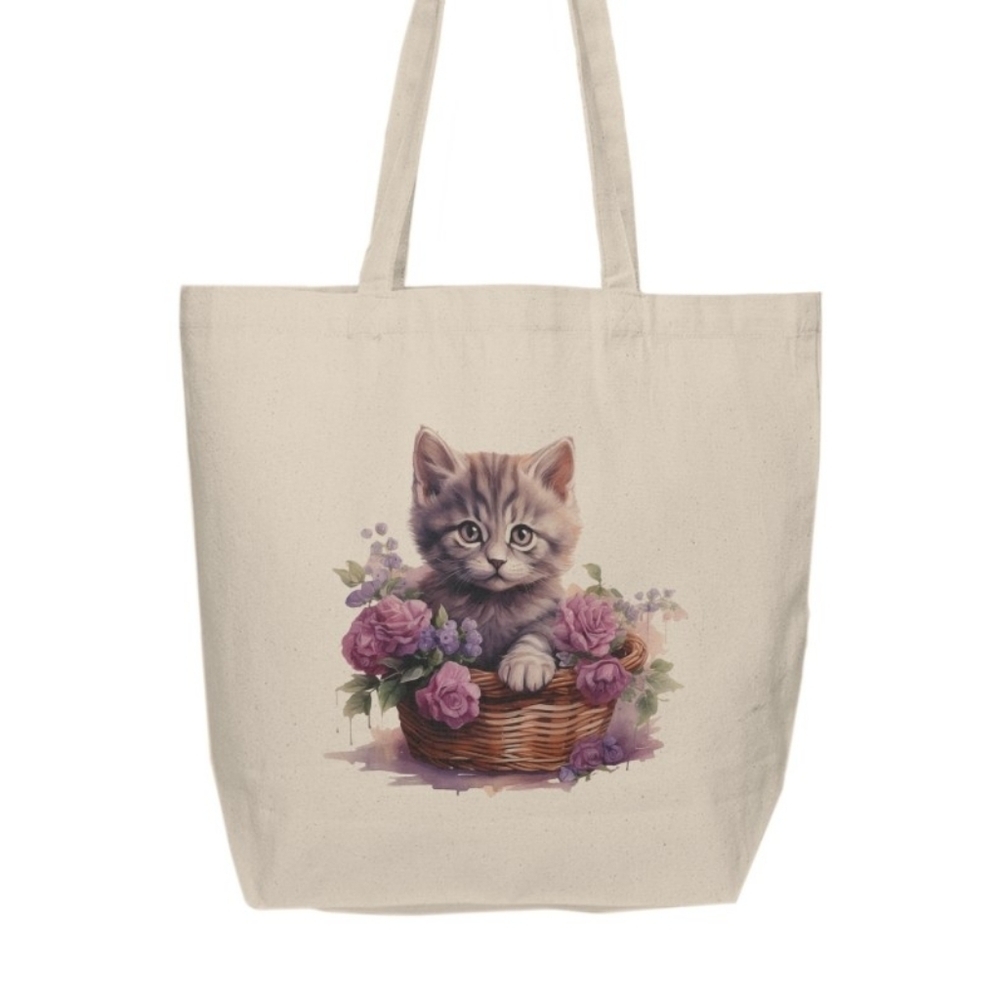 Floral Cat in a Basket Custom Canvas Tote Bag - Picture 2 of 4